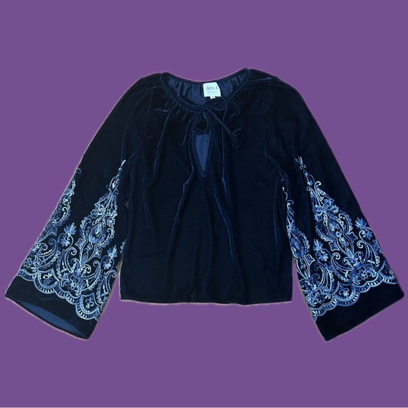 Misa Los Angeles Tops - embroidered blue velvet misa top